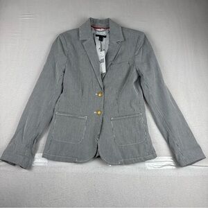 New! Tommy Hilfiger Womens Seersucker Blue White Blazer Small Gold Buttons